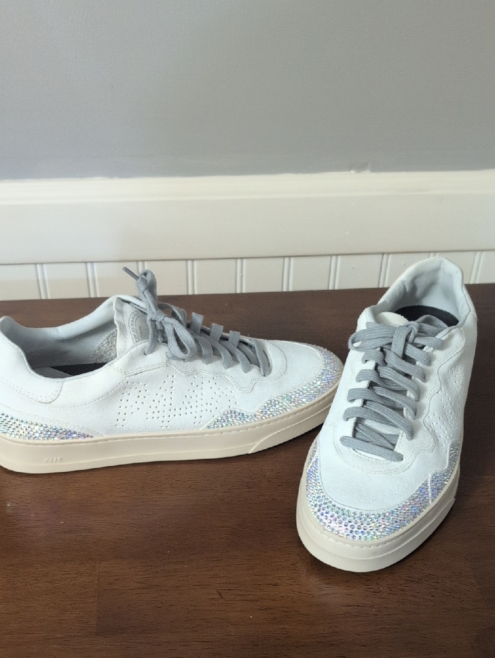 P448 White Low-Top Sneakers with Iridescent Crystal Trim